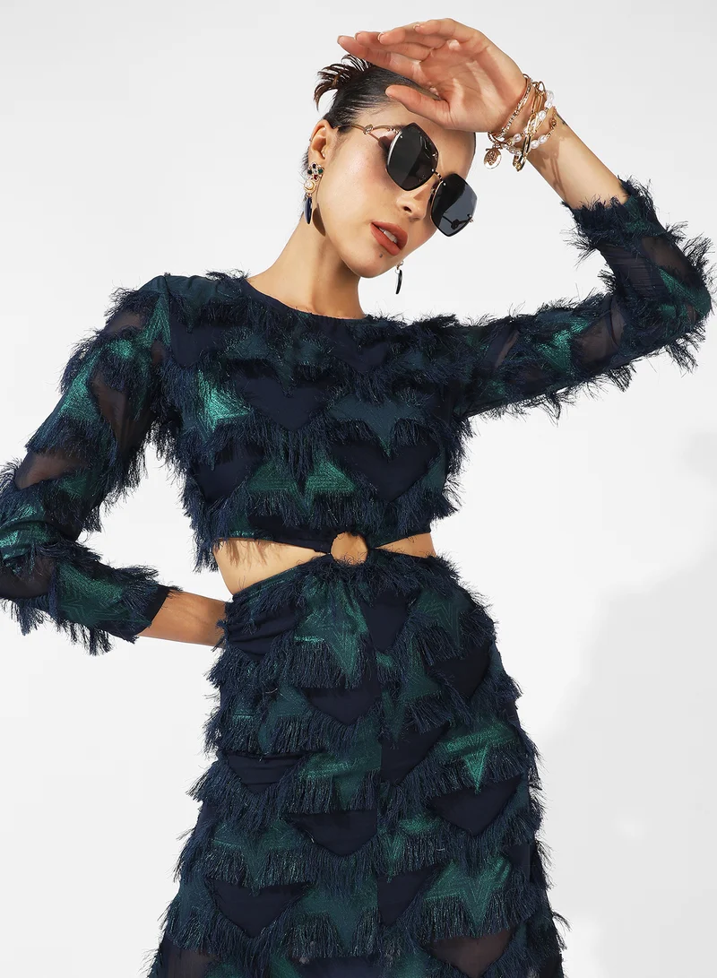 Women's Green & Blue Cutout Fringe Dress For Casual Wear | Long Sleeve | Midi Length | Dress Crafted With Comfort Fit And High Performance For Everyday Wear